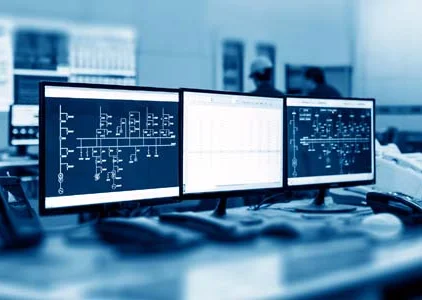 Controlekamer van een geautomatiseerde poederverwerkingsinstallatie